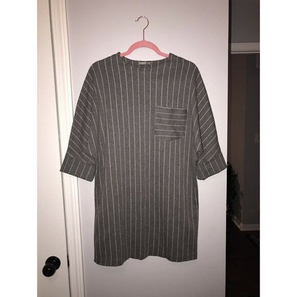 Zara‎ Collection Stripe Short Sleeve Shirt Dress Front Pocket Grey White - Picture 2 of 5